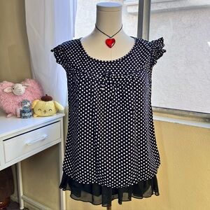 Vintage inspired polka dot ruffle cap sleeve flowy black & white blouse size M